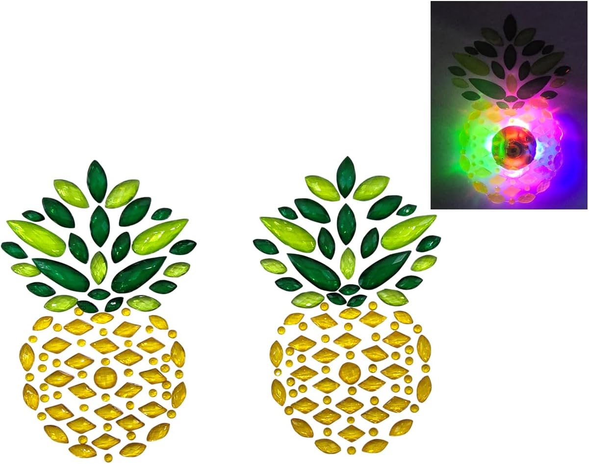 2 Pairs REUSABLE LED Pineapple & Round Light Up W/Bright Colors, Rhinestone Pasties, Glow, Pasties Nipple Covers, EDC Outfit, Pride