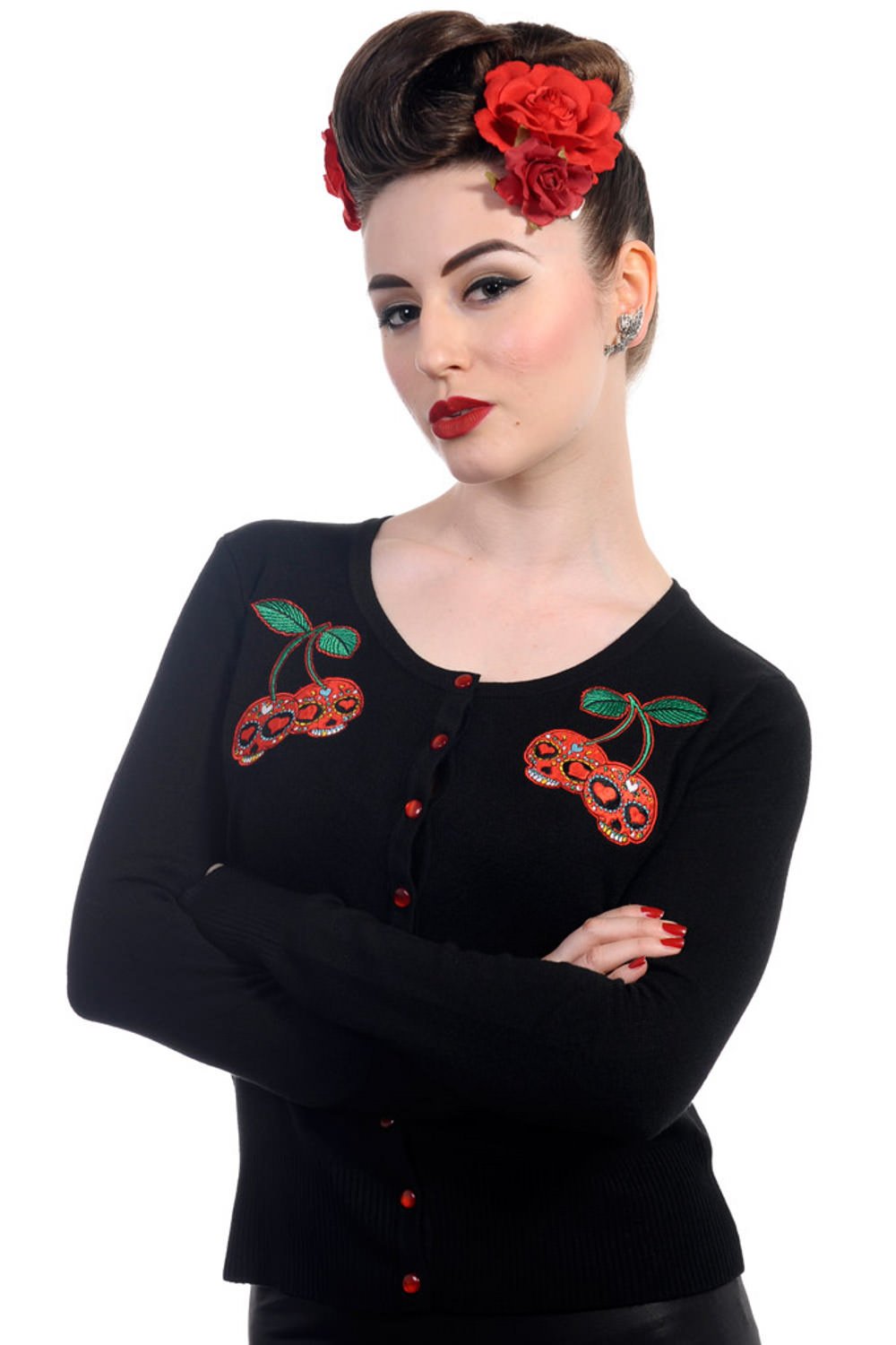 Rockabilly Pinup Skull Cherries Black Knit Cardigan
