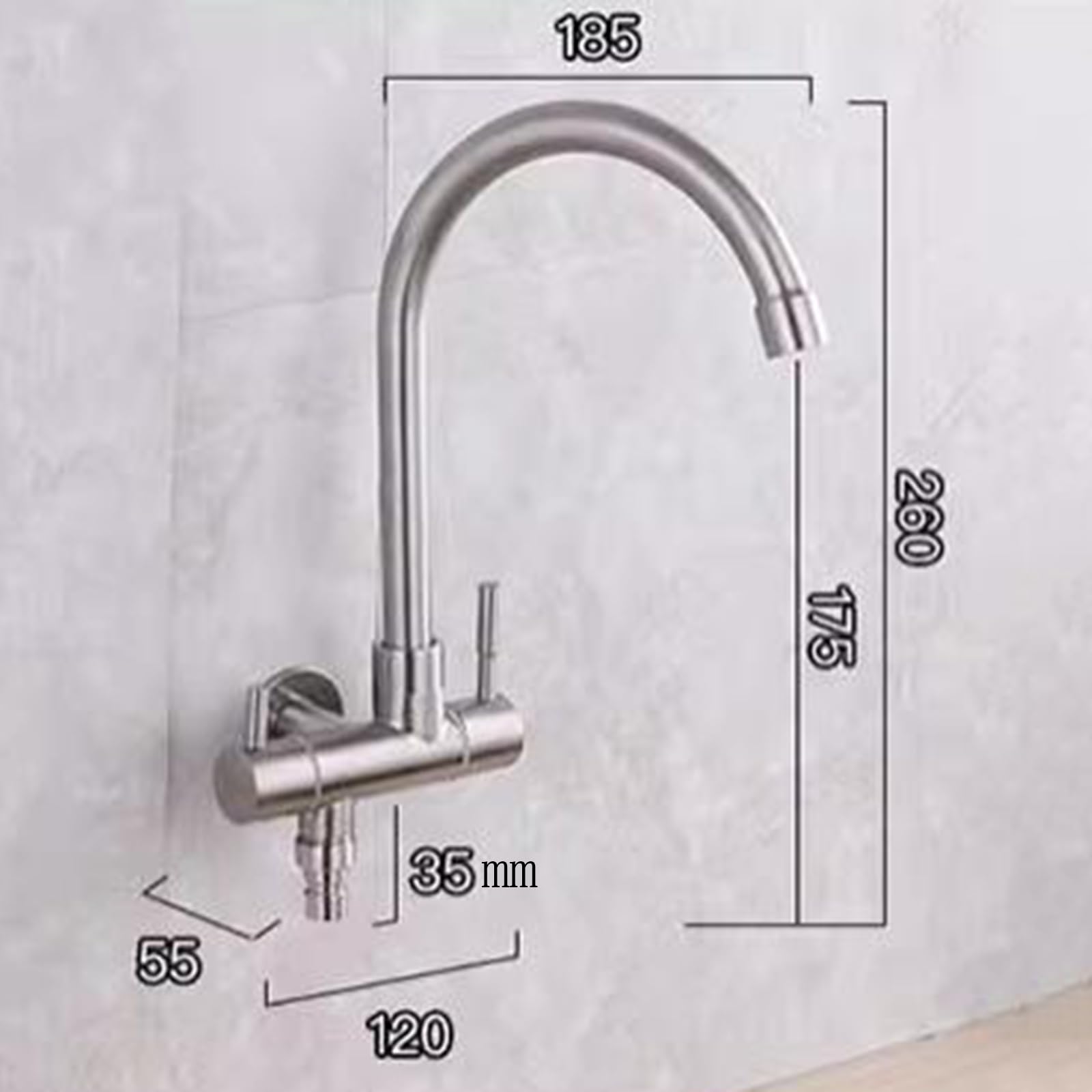 Grifo de Cocina de Pared Agua Fria Acero Inoxidable Grifo de Cocina con Pistola Rociadora Grifo de Fregadero-C