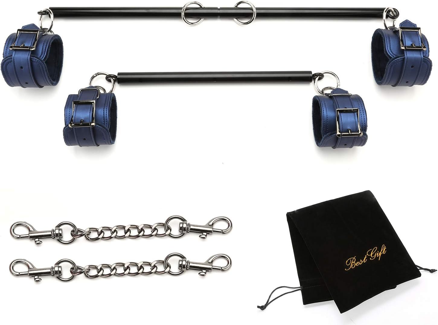 EXREIZST 2 Black Spreader Bar with 4 Blue Leather Straps Adjustable Expandable Sports Aid Training System Kit