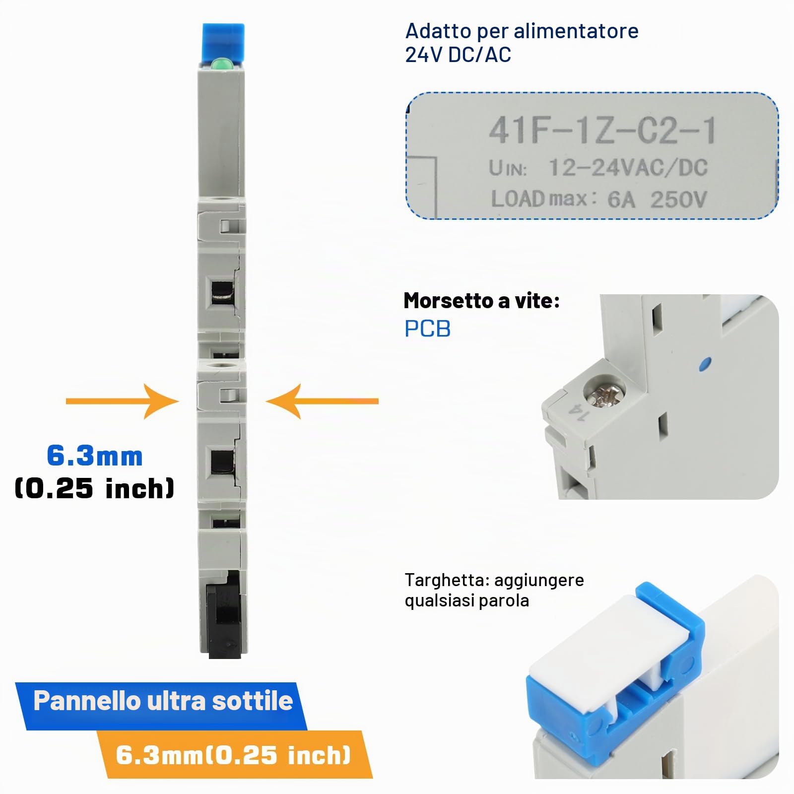 Relè di Segnale DIN 24V per PLC, HF41F/24-ZS 5 pin 1NO 1NC | 6A SPDT con Indicatore LED, Relè 24V CC, Max 6A 250VAC/30VDC(10 pcs)