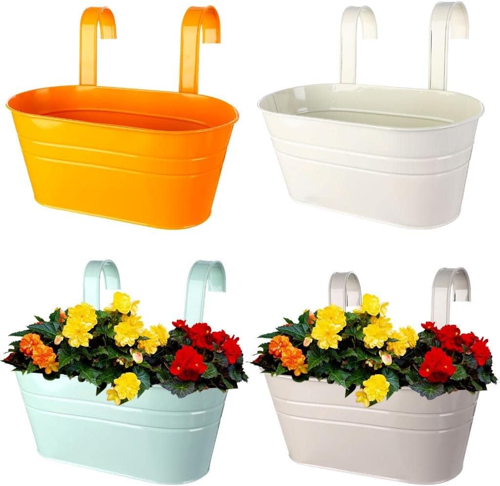 Beautywen 4Pcs Metal Hanging Flower Pots Doublehook Hanging Buckets