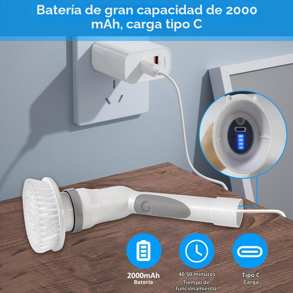 Cepillo de Limpieza Eléctrico Giratorio, 3 Cabezales de Cepillo, 1 Cabezal de Esponja, Mango Largo, IPX65 Resistente al Agua