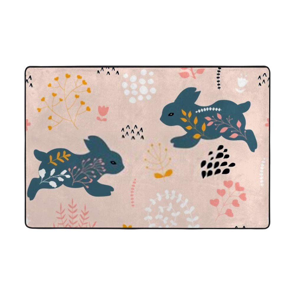 Tapis de salon en velours doux motif lapins et fleurs 160x120cm