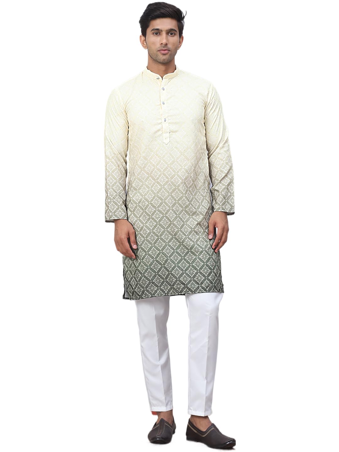 Jompers Yellow Men's Ombre Printed Kurta Pyjama Set (Yellow, S)