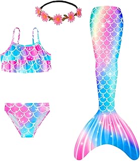 Fishkidtail Mermaid Tails for Swimming 4Pcs Girls Swimsuits Princess Bikini Bathing Suit Set for Kids,Girls, Children
