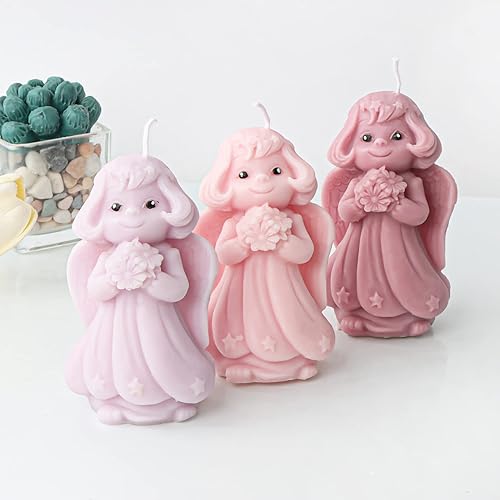 Miniatura 3 de LSLEVA Moldes de silicona para velas de ángel con diseño de flores 3D, moldes con forma de ángel para aromaterapia, fundición de resina, molde de