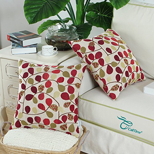 Calitime Cushion Cover Throw Pillow Case Shell For Couch Sofa Home Decoration Luxury Chenille Cute Leaves Both Sides 18 X 18 Inches Ecru Red #TOP3