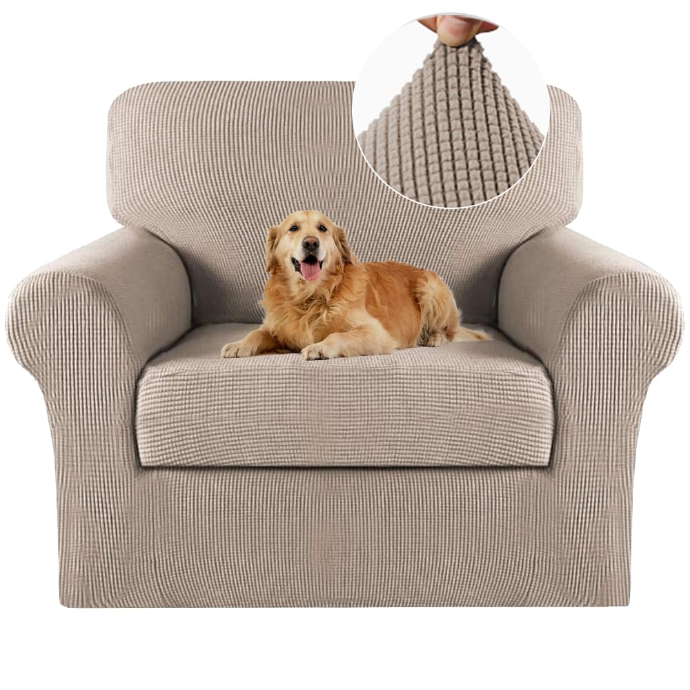 Turquoize Chair Slipcover 2 Piece Sofa Covers Skid Resistance Jacquard Spandex Couch Covers, Knitted Jacquard, High Stretch, Couch Slipcover/Protector/Shield for Dog Cat Pets(Chair, Sand)