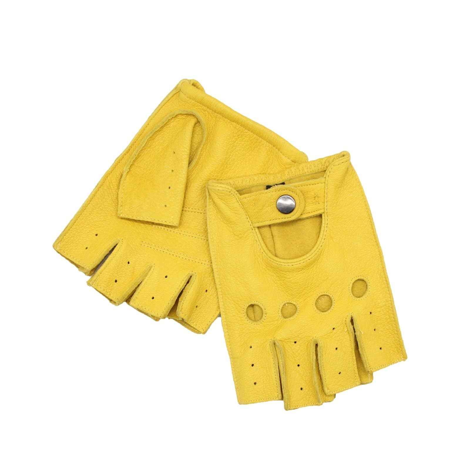 Men's Unlined Goat Leather Gloves for Motorcycle Driving and Racing, Half Finger Gloves with Exposed Fingers BAN19 (Yellow, X-Large)