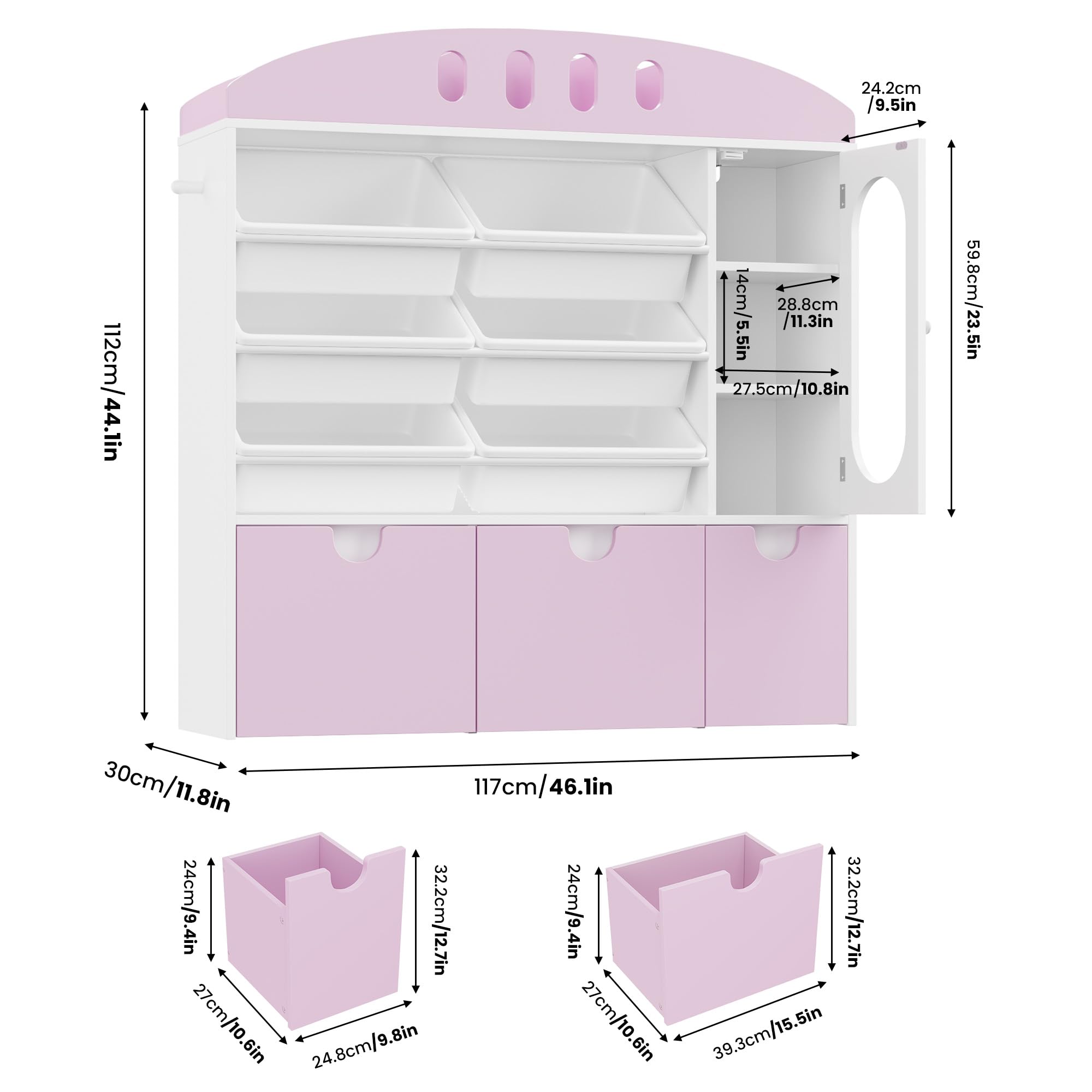 FOTOSOK Toy Organizers and Storage with Door, Playroom Organization, Bookshelf and Bookcase with 3 Drawers and 6 Mobile Bins, Toy Storage Organizer for Living Room