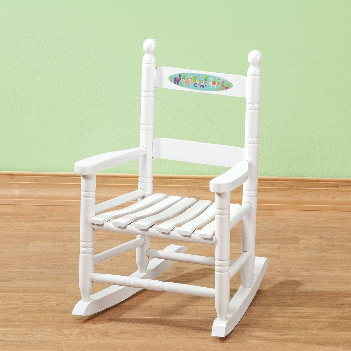 Fox Valley Traders Custom Llama-Themed Children's Rocking Chair, Durable Wood - Measures 14 1/2" Wide x 11 1/2" Deep; 22 1/2" Overall Height, White Font