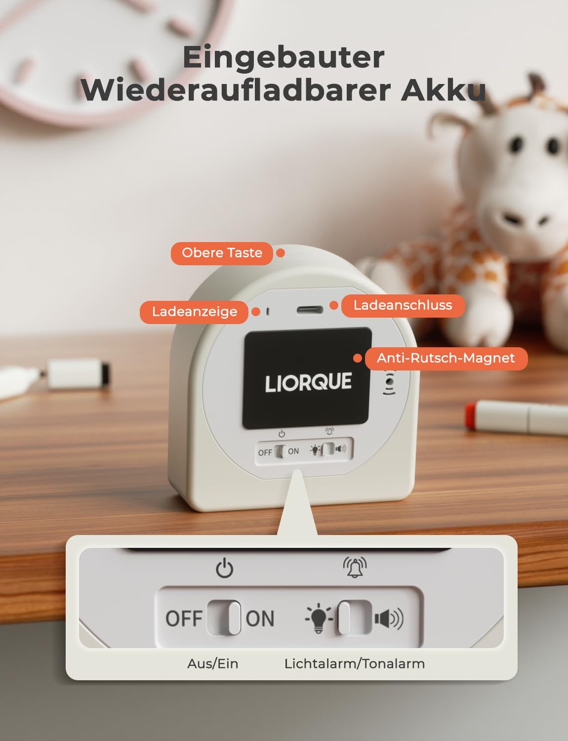 LIORQUE Visueller Timer 60 Minuten Countdown Timer für Kinder und Erwachsene Leiser Kurzzeitmesser mit Silikongehäuse Pausenfunktion wiederaufladbarem Akku für Küche Schule Büro