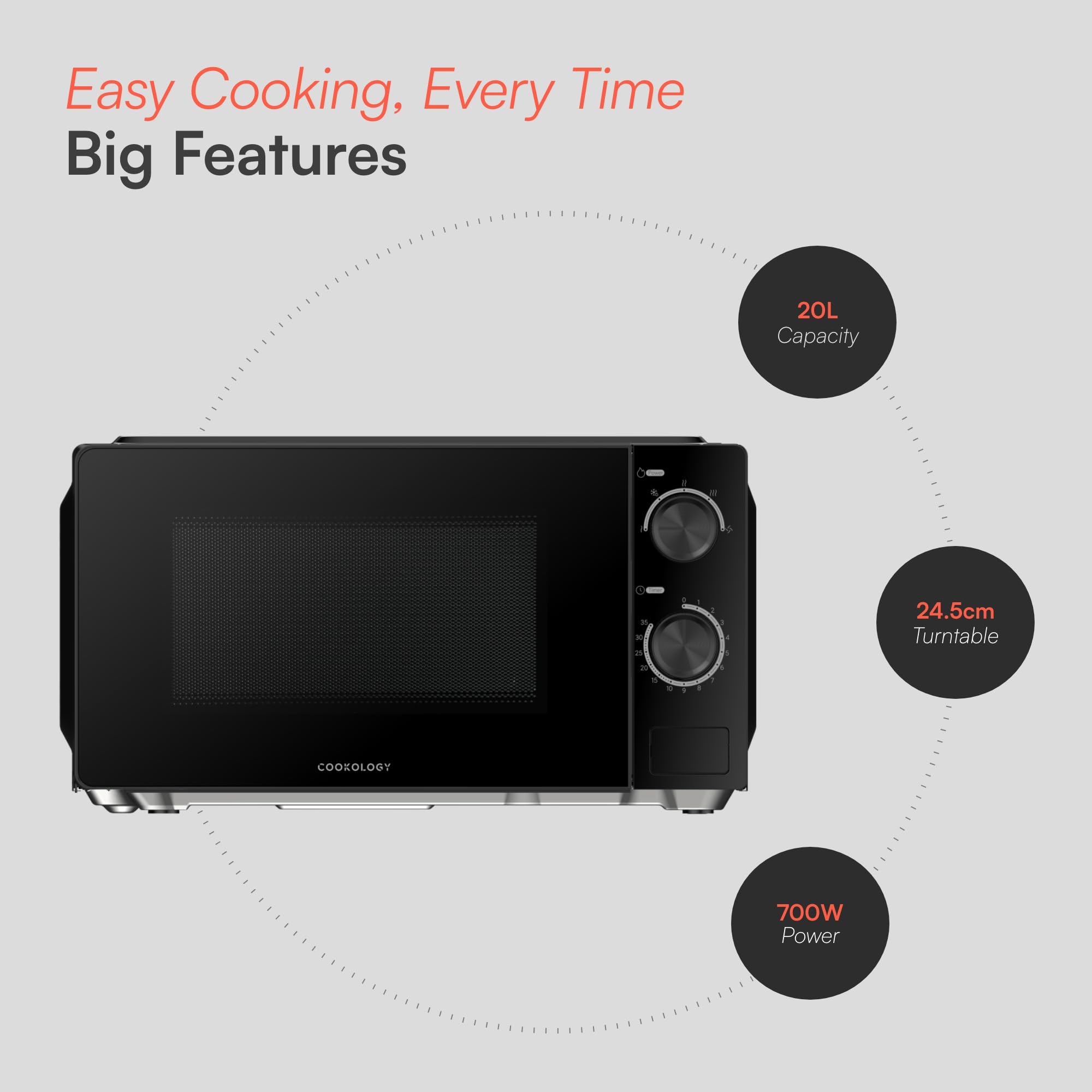 Cookology Freestanding 20L Microwave - 700W Power - 24.5cm Turntable - 5 Power Modes & Easy-to-Use Dial Timer - Quick Defrost Setting - Black — view 3