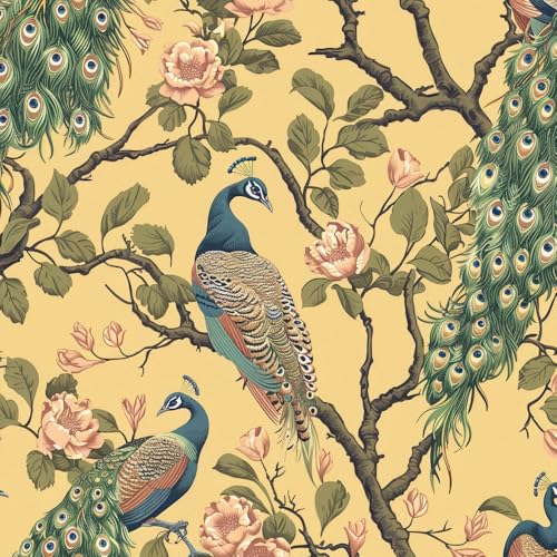 JIAOQSS Papel pintado autoadhesivo Flores vintage pavo real oriental Papel tapiz de plástico adhesivo para pared muebles sala de estar dormitorio baño