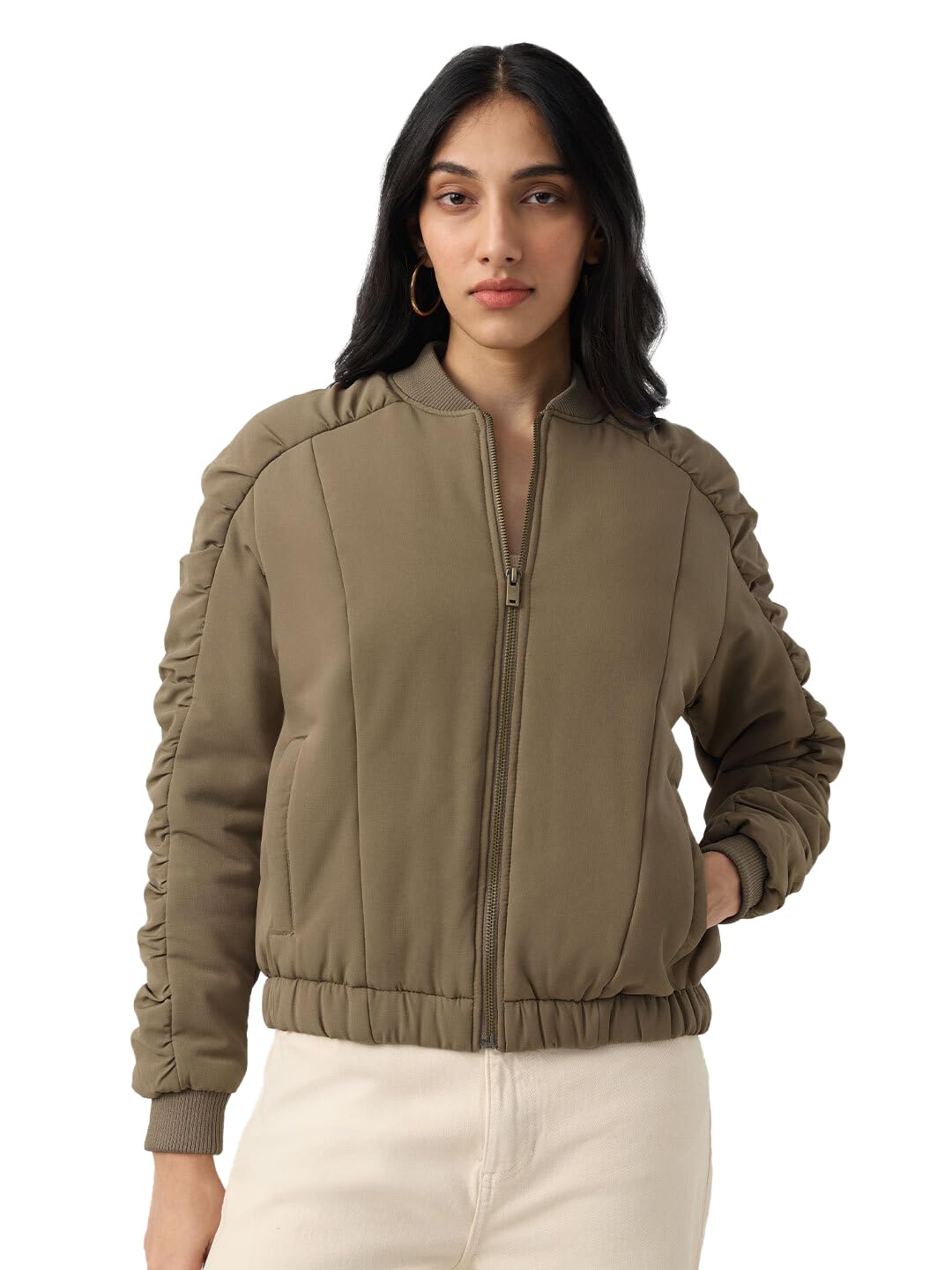 the souled store Brown Sugar Women and Girls Full Sleeves Band Neck Brown Solid Polyester Regular Fit Lightweight Everyday Bomber Jacket-picture-43
