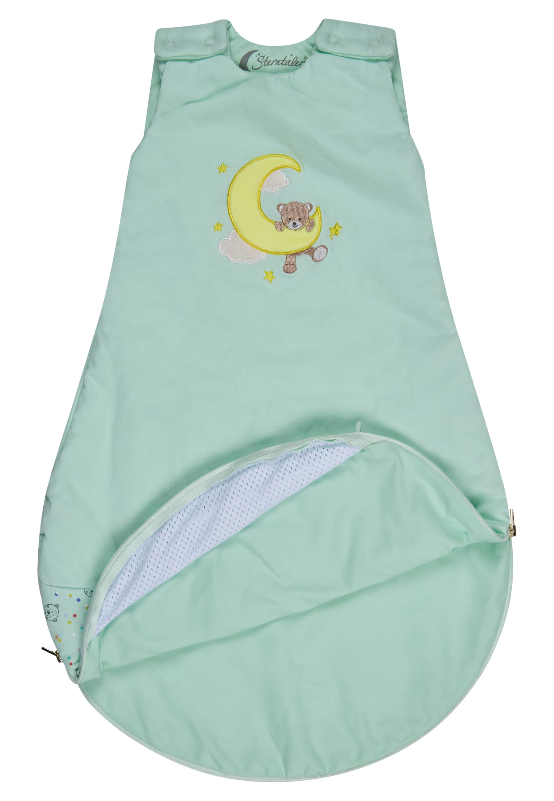 Sterntaler Babyschlafsack 62/68 cm Bär Bo, Polycotton-Schlafsack mit Stickerei, Hydrocool Futter, leichter Wattierung, Zwei-Wege-Reißverschluss, Mesheinsatz, mintgrün, 1,50 TOG, Größe 68