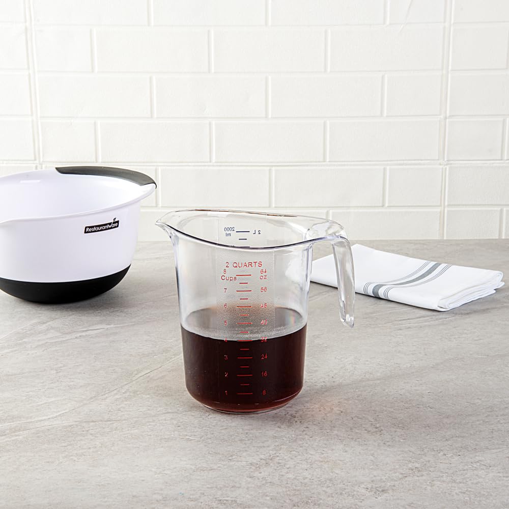 RW Base - Tarros medidores de 2 cuartos de galón, 10 vasos de medición duraderos, unidades métricas e imperiales, boquilla en forma de V, tazas medidoras de plástico transparente, mango con agarre