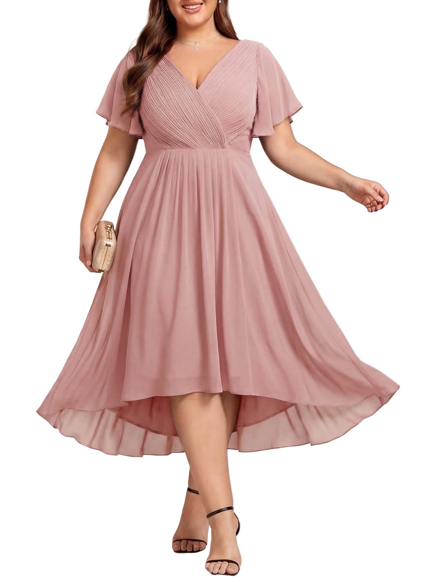 Photo 1 of Ever-Pretty Plus Summer Short Sleeves V-Neck Formal Wedding Guest Dresses for Curvy Women Chiffon Midi Cocktail Party Dress Dusty Rose US22