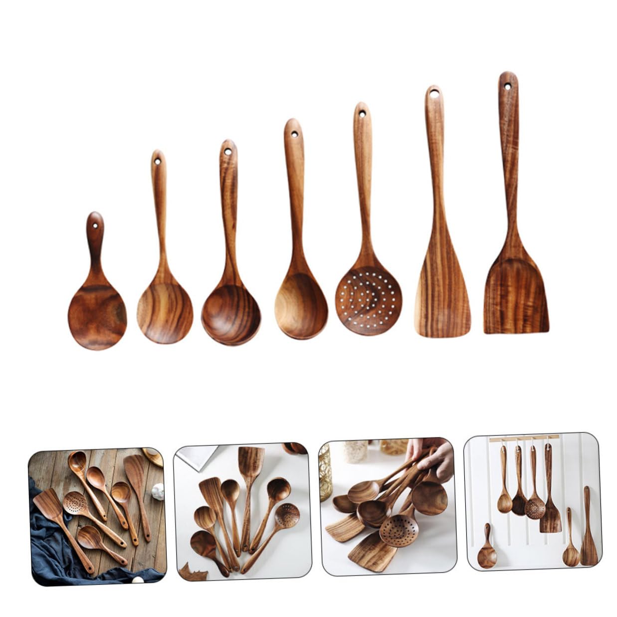 Alipis Utensili Cucina in Legno di Acacia con Cucchiai e Mestoli Manico lungo Superficie Liscia e Ergonomica per Uso Professionale e Casalingo per Cucinare senza Graffi su Pentole
