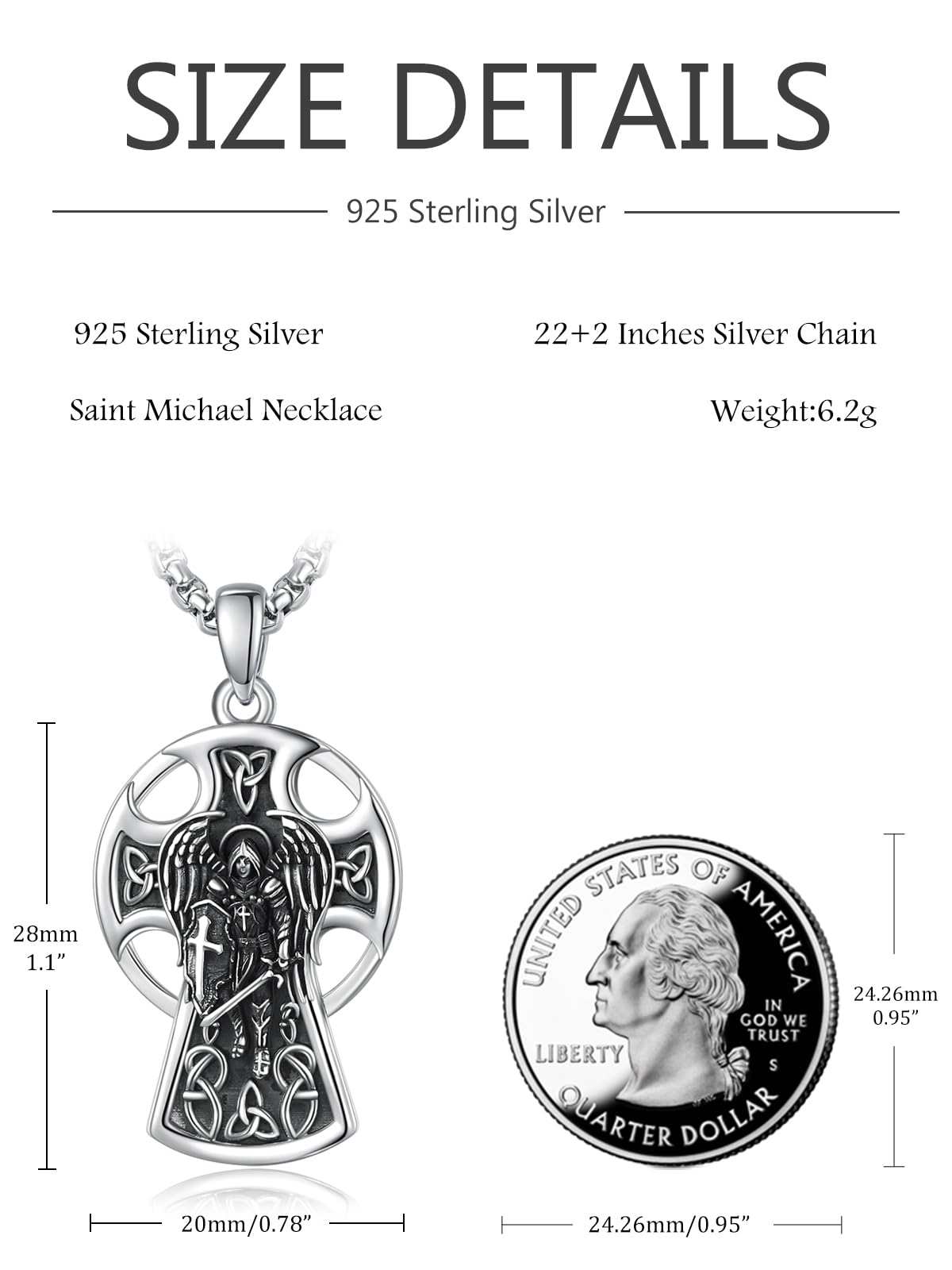 KINGWHYTE Schutzpatron-Anhänger für Männer und Frauen aus 925er Sterlingsilber mit keltischem Kreuz und Kette, Amulett-Anhänger, Schmuckgeschenk für Männer und Frauen mit 2,5 mm 22„+2“ Rolo-Kette