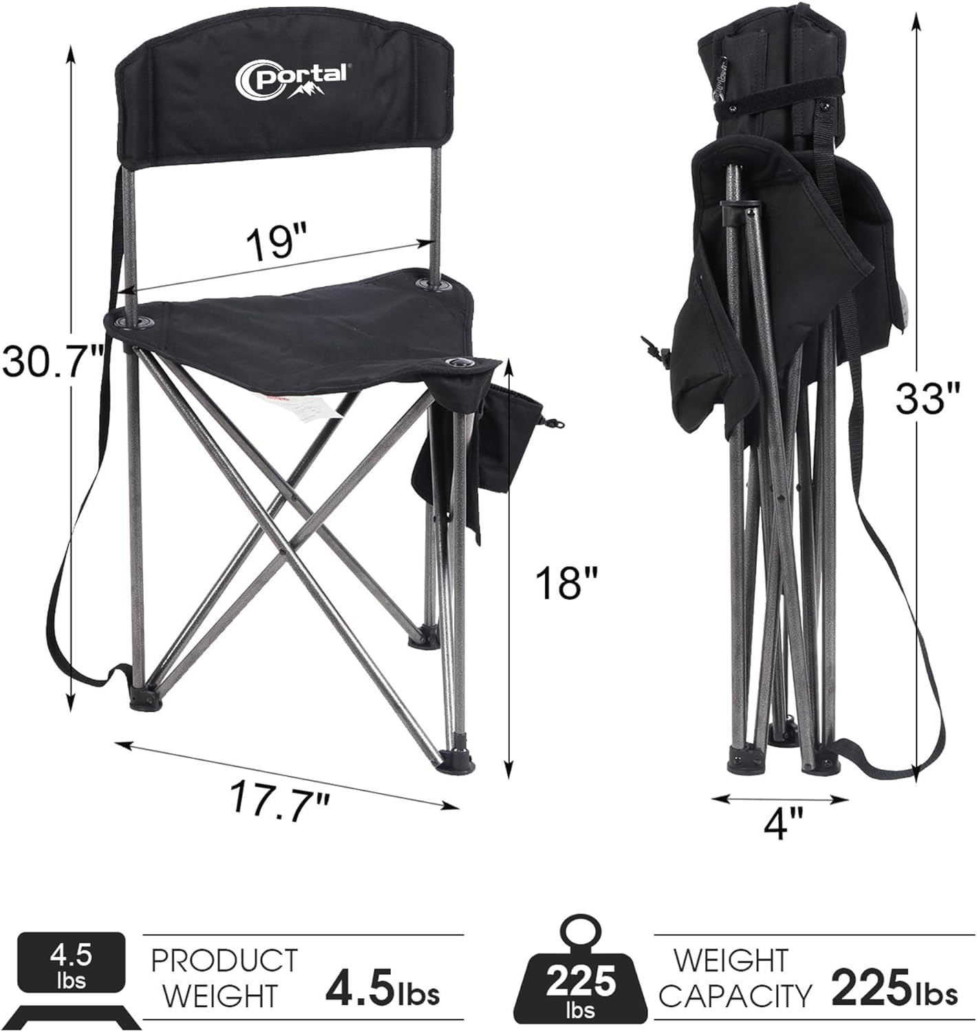 Portal Sgabello da campeggio pieghevole con schienale, portatile, piccola sedia per adulti, sgabello pop up, sedile da viaggio, alto e leggero, per escursionismo, escursionismo, festival, pesca,