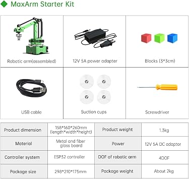 طقم الذراع الروبوتية LewanSoul، MaxArm لبرمجة Arduino Python ESP32 ذراع الروبوت الذكي مفتوح المصدر مع سيرفو الحافلة، فوهة الشفط، اتصال WiFi Bluetooth، تعليم العلوم والتكنولوجيا والهندسة والرياضيات، طقم المبتدئين