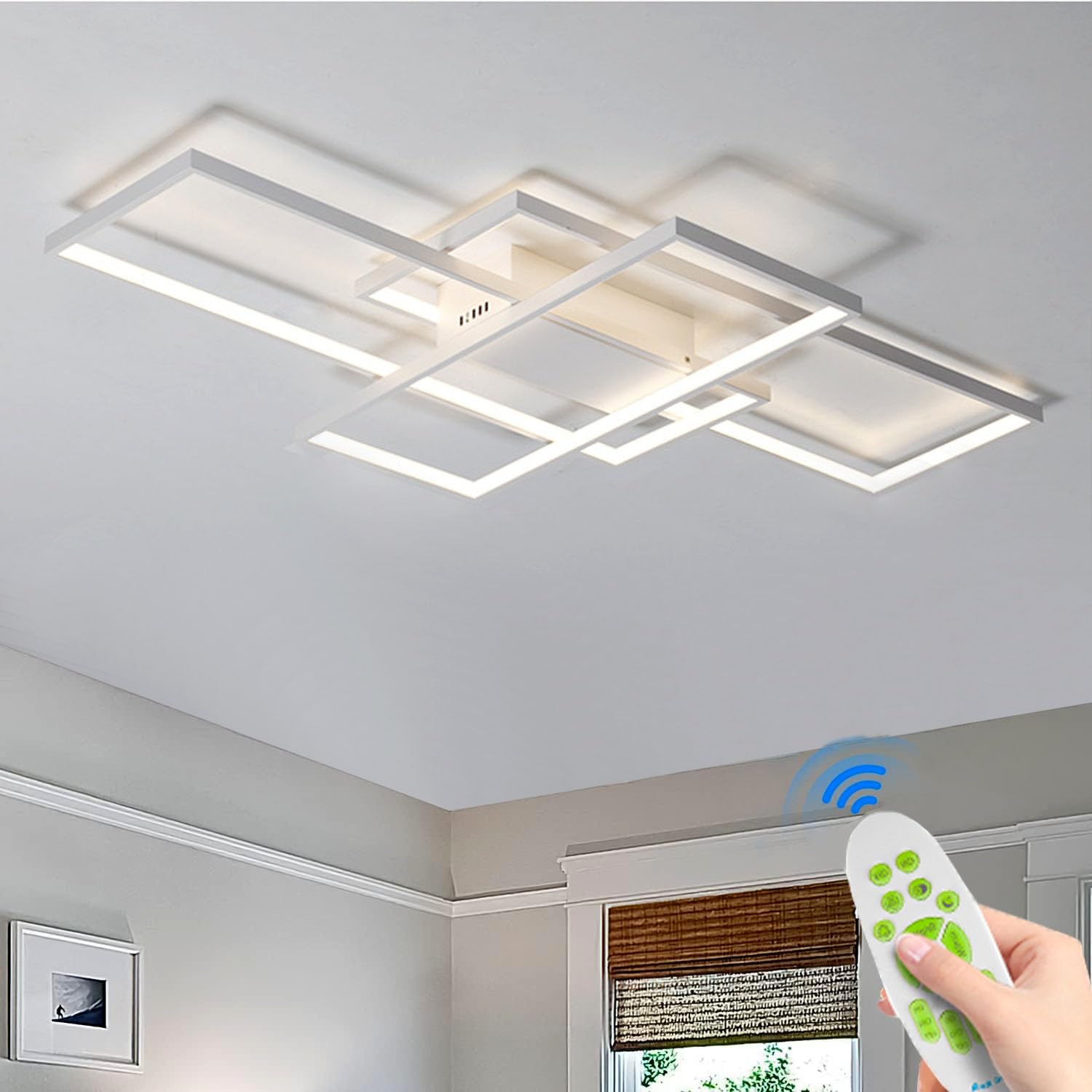 ASJK Lampadari LED a Soffitto Moderni 82W Plafoniere LED a Soffitto, Illuminazione a Soffitto Multifunzionale Geometrica 3000K-6000K per Soggiorno (105cm, Bianco)