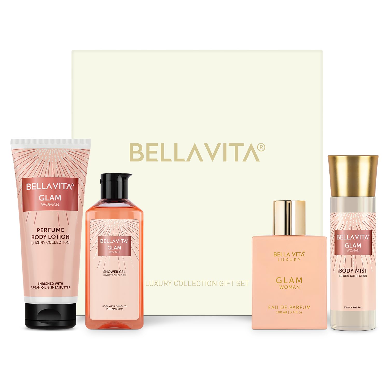 Bella Vita Luxury Glam Woman Gift Set with Shower Gel 250 Ml for Deep Cleansing, EDP Perfume100 Ml, Body Spray Mist 150 Ml and Perfume Body Lotion 200 Ml