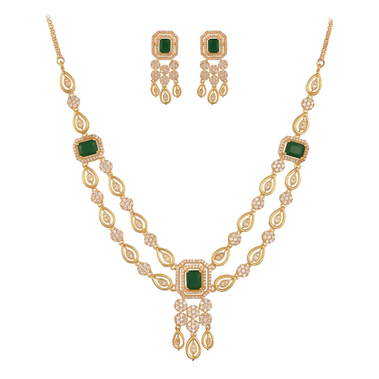 Ratnavali Jewels Brass Gold Plated American Diamond Cubic Zirconia Studded Drop Necklace Jewellery Set With Dangler Earrrings For Women (Green) (B0CGB23ZDT) Amazon Price History, Amazon Price Tracker