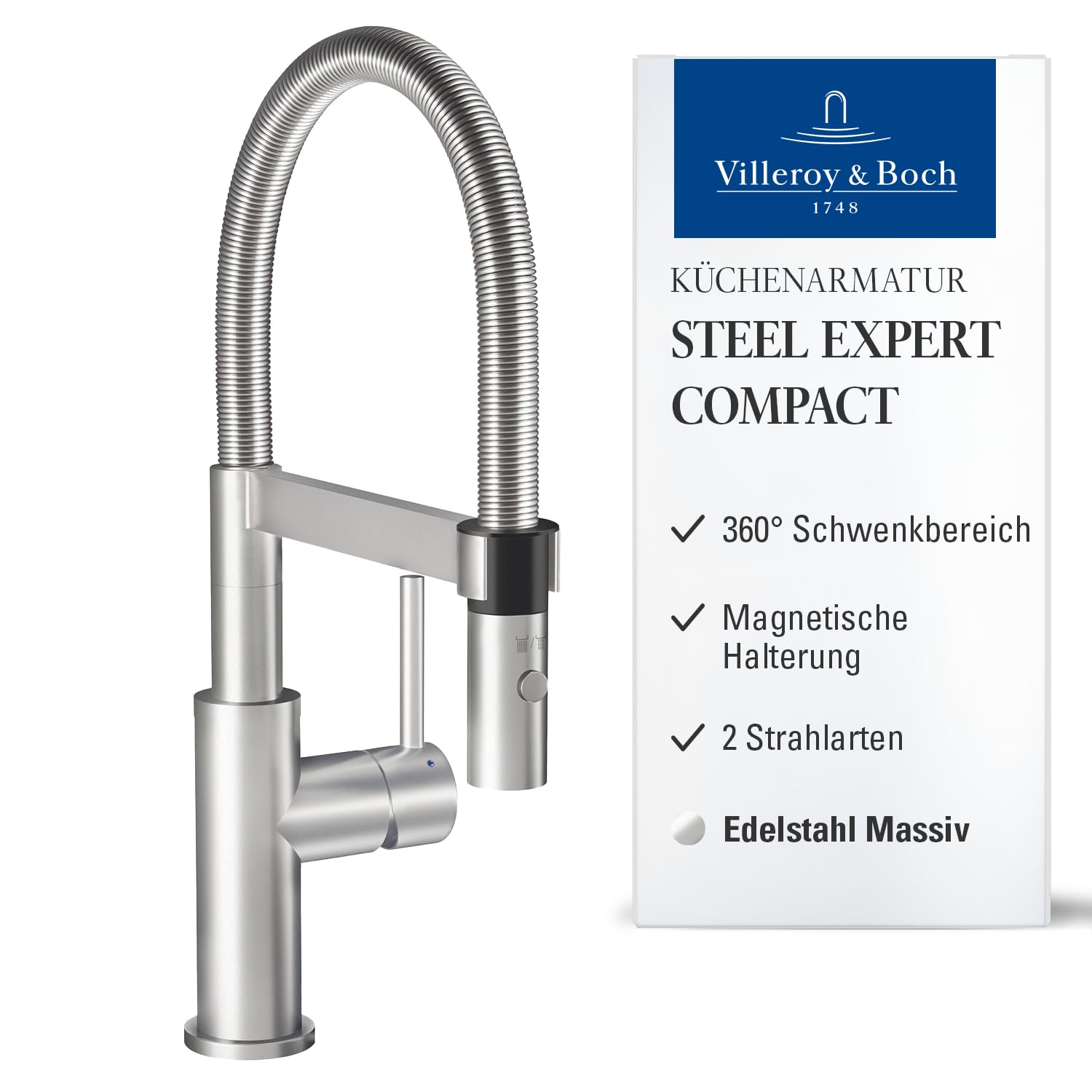 Villeroy & Boch Steel Expert Compact Küchenarmatur, Höhe 143 mm – Edelstahl | Umschaltfunktion, 360° schwenkbarer Auslauf mit Spiralfeder, Laminarstrahl, Hochdruck, 927300LC