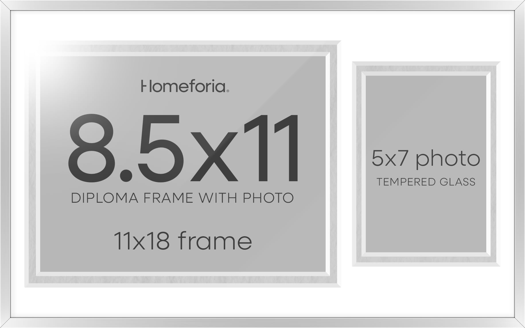 Homeforia 11x18 Silver Diploma Frame with Photo, High End Metal 11 x 18 Certificate Frame with Mat for 8.5x11 Diploma and 5x7 Picture, 18x11 Award Graduation Frames, Tempered Glass, Wall Kit, Set of 3