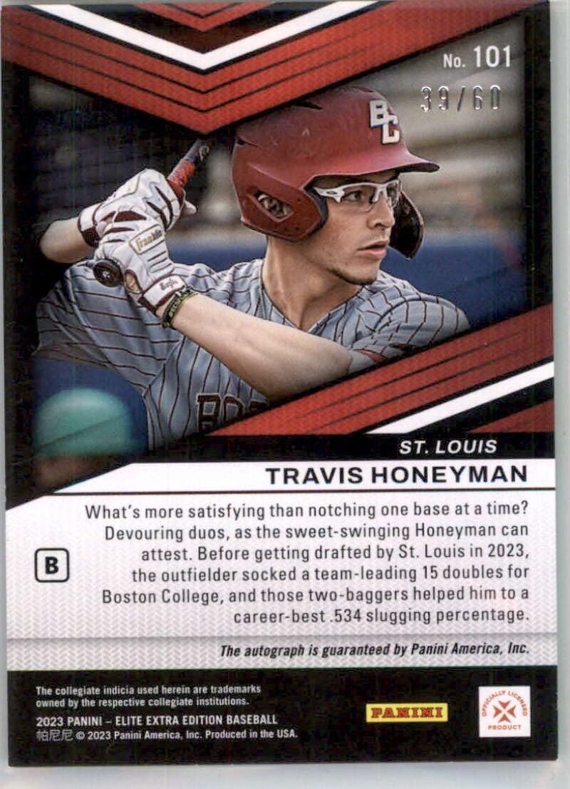 2023 Panini Elite Extra Edition Signatures Prime Numbers B #101 Travis Honeyman Auto Autograph SER/60 St. Louis Cardinals Official Pre MLB Rookie Prospect Baseball Card in Raw (NM or Better) Condition