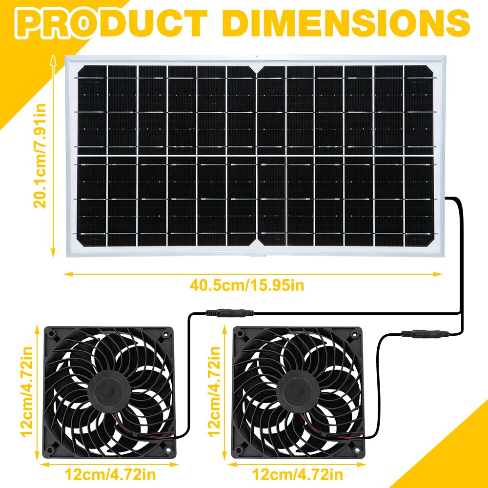 Ventilateur Solaire, 16W Extracteur d'air Solaire, Étanches Double Ventilateur Énergétique avec Panneau Solaire pour Poulailler, Serres, Maisons pour Animaux, Admission ou Évacuation d'air