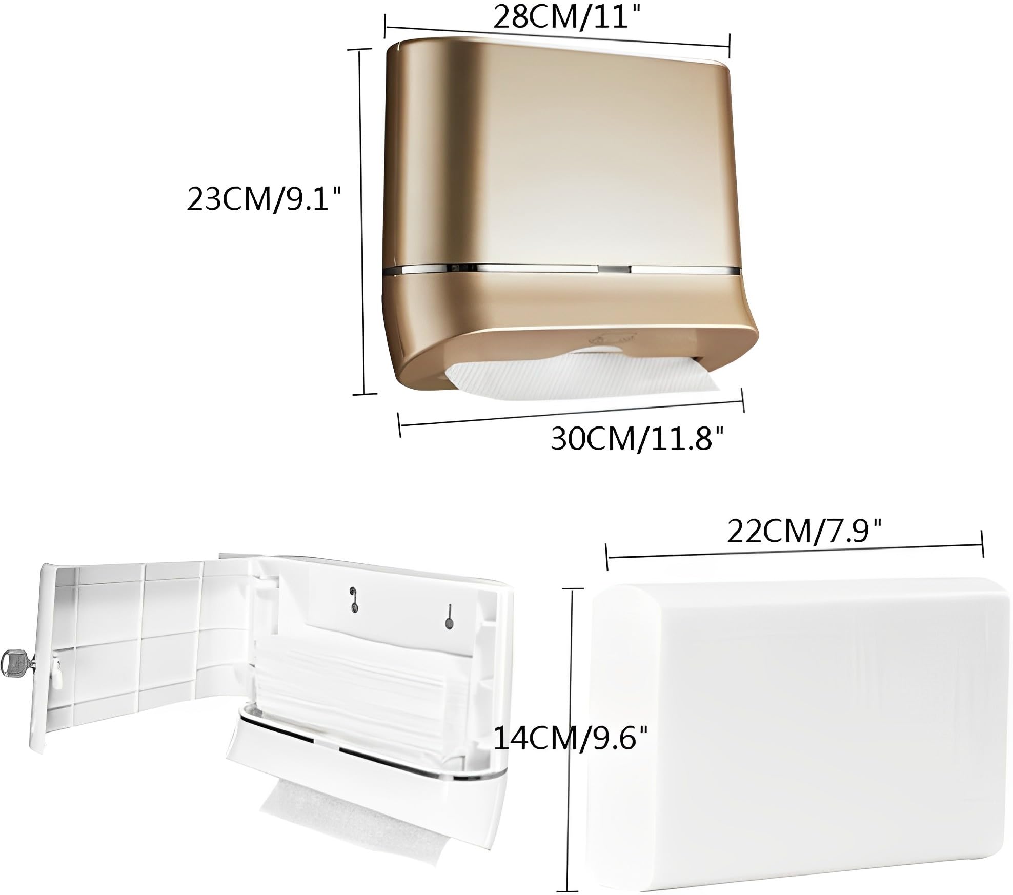 Dispenser di asciugamani di carta touchless con serratura – Dispenser di asciugamani multifunzione da parete per casa, bagno, cucina, elegante finitura dorata