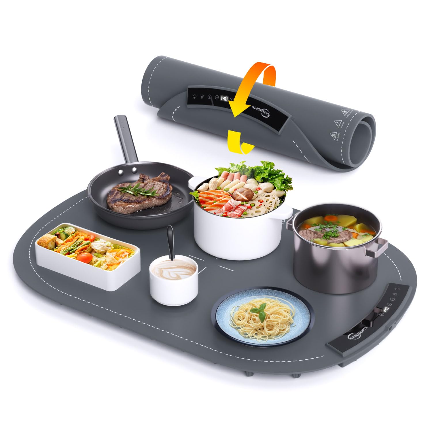 Warming Tray Mat, Silicone Food Warming Tray for Buffets & Parties, Electric Heating Mat for Food with 8 Temperature Settings, Roll-Up Storage (Grey)