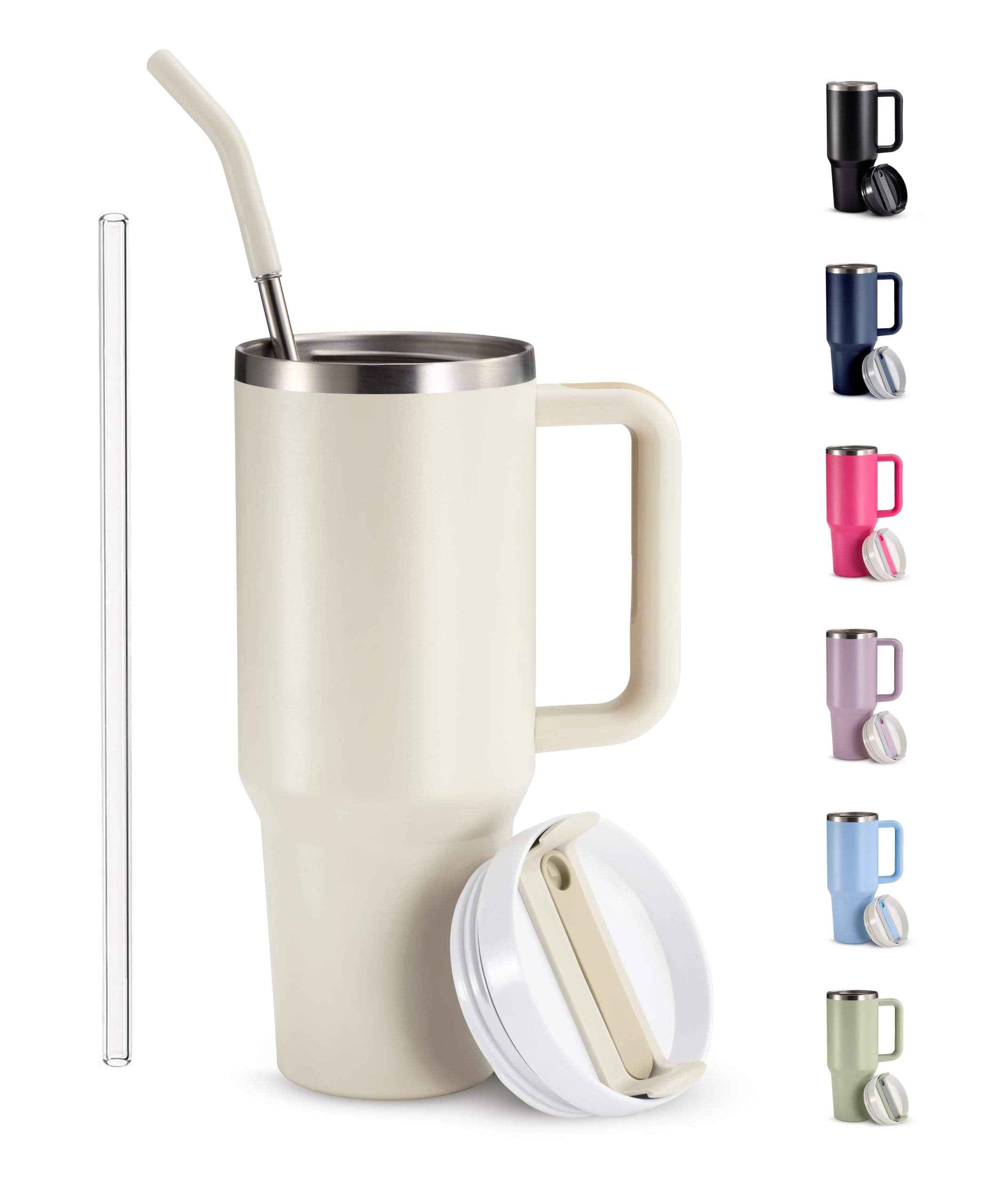 KooK Tumbler with Straw and Handle, 40 Oz, Stainless Steel, Vacuum Insulated Travel Coffee Mug, Reusable Double Walled Water Bottle, Keeps Hot or Cold (Antique White)