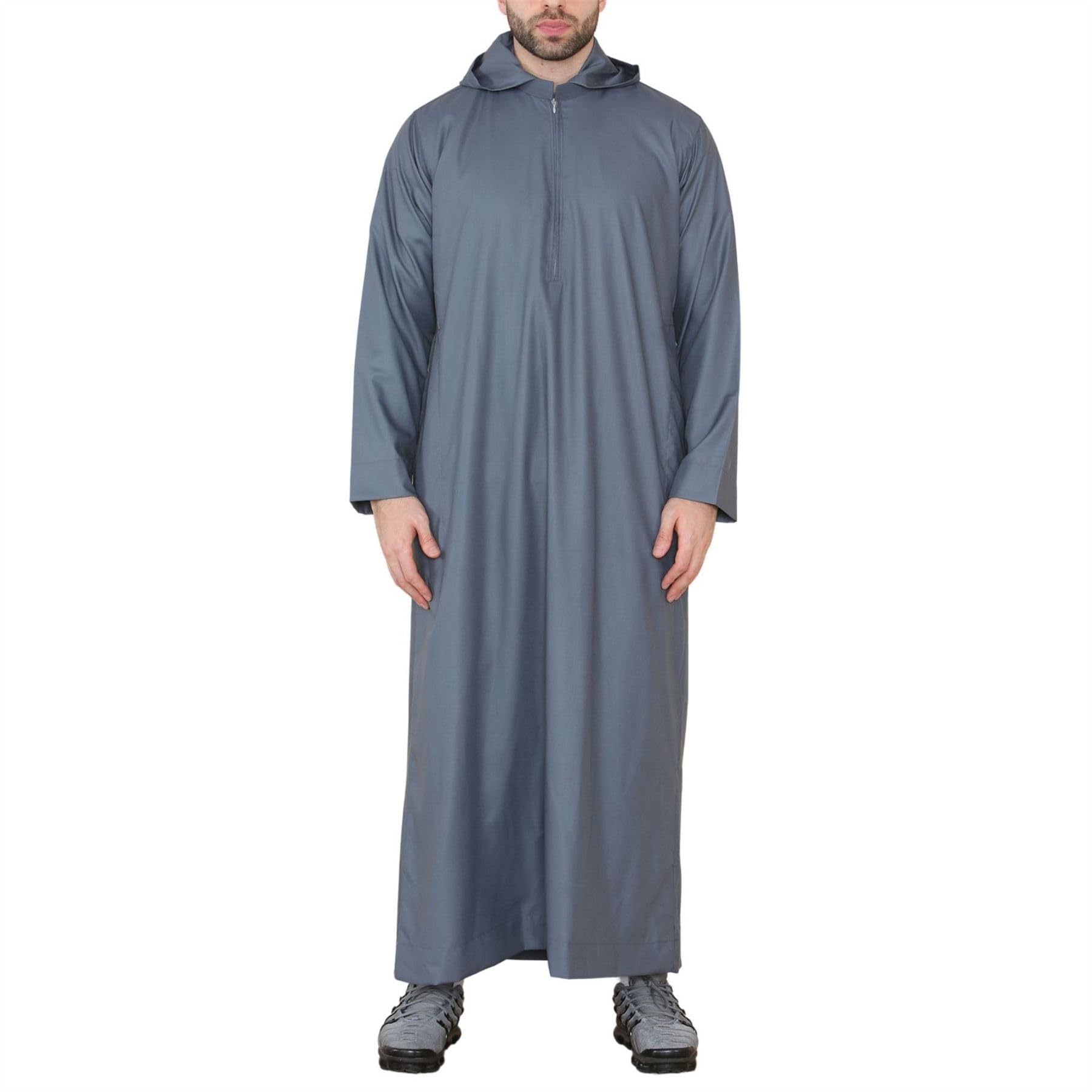 Truclothing Men's Grey Slim Hooded Thobe Hood Jubba Nehru Stand Collar Islamic Clothing Muslim Kaftan Robe Saudi Slim Regular Fit - Xxl - 60