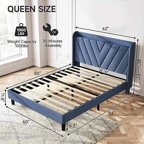 Image of koorlian Queen Bed Frame with Headboard, Adjustable Upholstered Platform Bed Frame with Type-C&USB Ports, Wingback Storage Headboard, Solid Wood Slats Support, No Box Spring Needed, Dark Blue