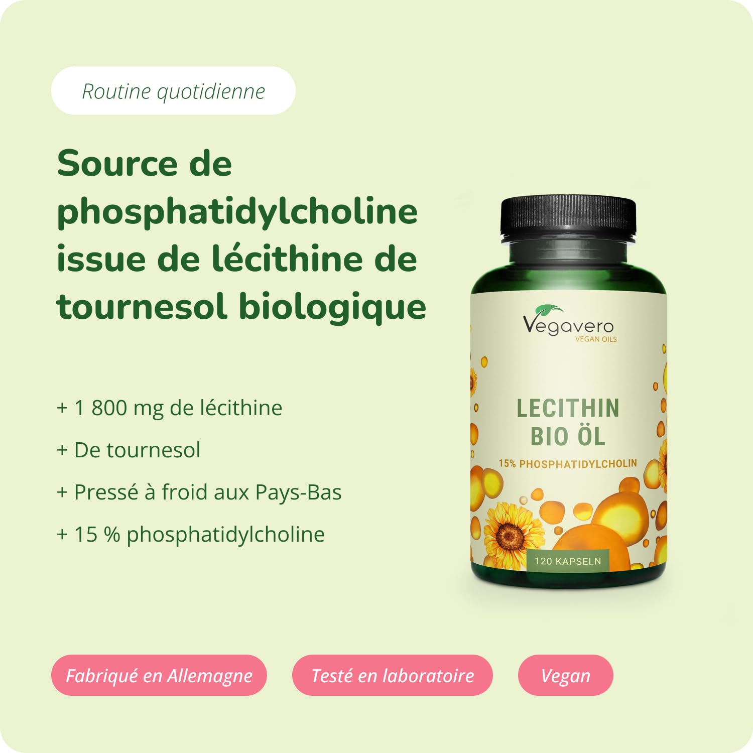Lécithine de Tournesol 1800 mg | BIO et VEGAN | 120 Gélules | Qualité Supérieure : Sans Additifs ni OGM | Vegavero®