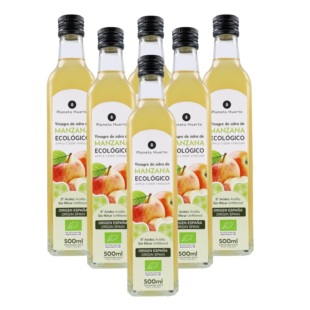 PLANETA HUERTO Pack 6x Vinagre de Sidra de Manzana Sin Filtrar ECO 500 ml