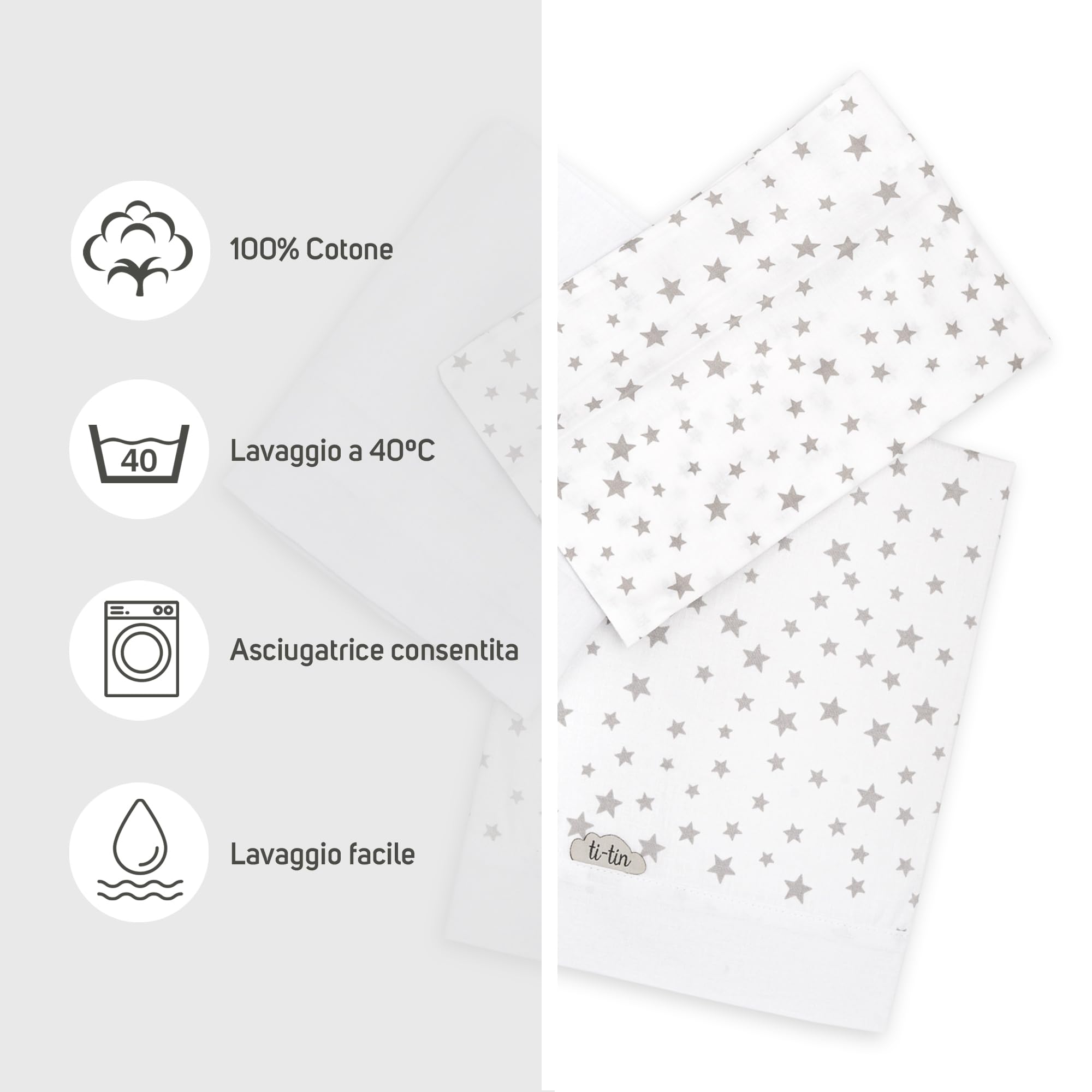 Ti TIN | Set Per Culla con Lenzuolo con Angoli, Lenzuolo, Federa, 100% Cotone | Set di 2 Lenzuola e 1 Federa | 60x120 cm