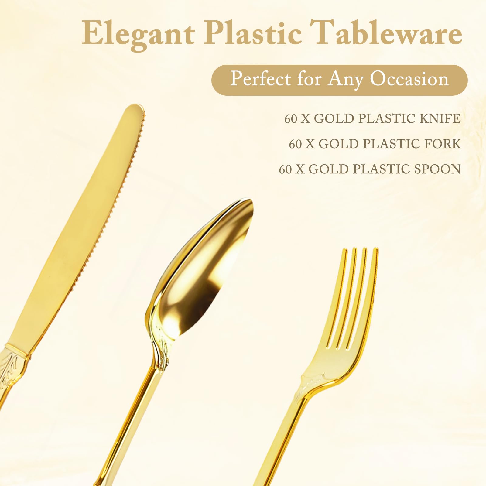 Juego de cubiertos de plástico dorado vintage de 180 piezas, 60 cuchillos, tenedores y cucharas | Lavable, reutilizable, resistente. Cubiertos pulidos. Duradero y elegante para bodas, fiestas de cumpleaños, eventos