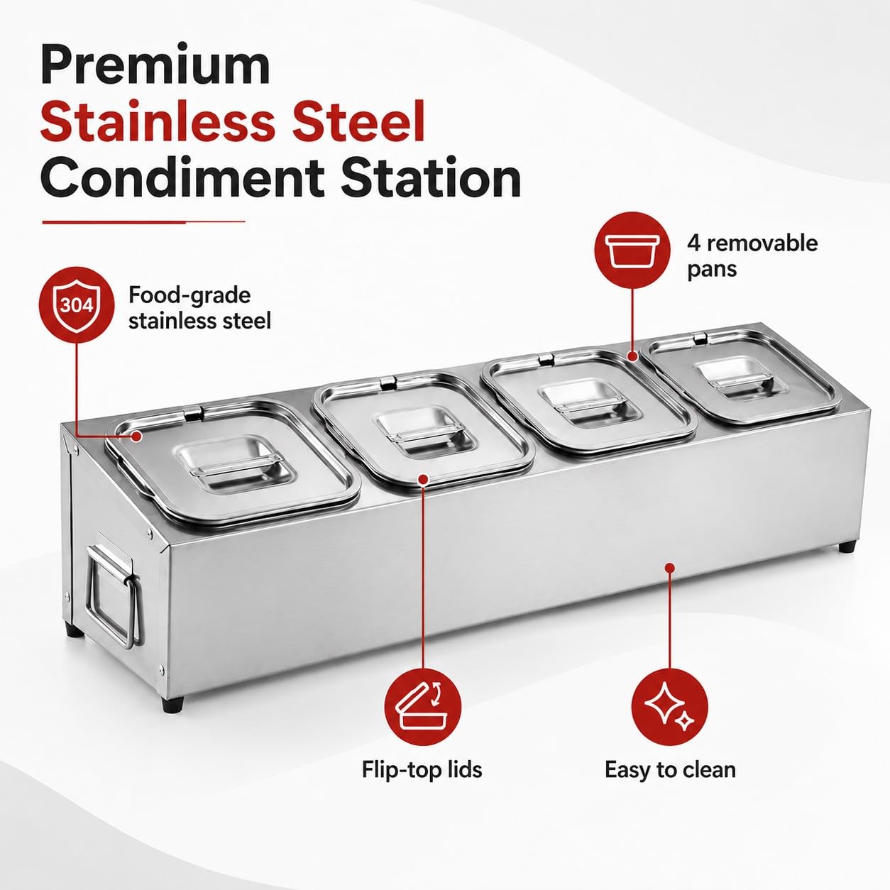 Porta Ingredienti Pizza in Acciaio Inox con Coperchio – Contenitore per Condimenti Refrigerato, Vaschette Gastronom Modulari 4 Scomparti, per Pizzeria e Preparazione Ingredienti