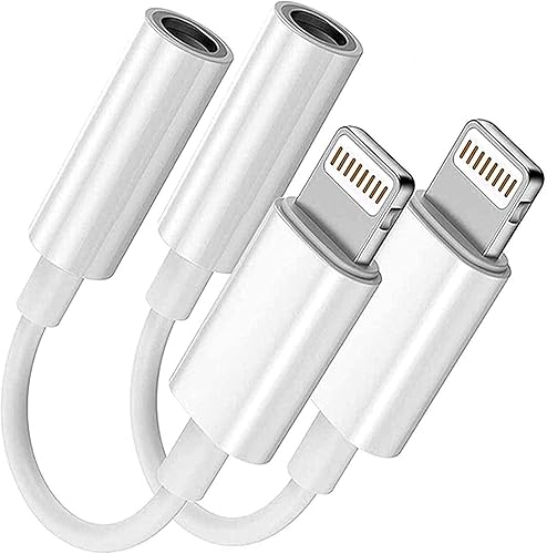 Paquete de 2 adaptadores de conector Lightning a conector de auriculares de 0.138 in certificado Apple MFi, para iPhone de 0.138 in, adaptador de