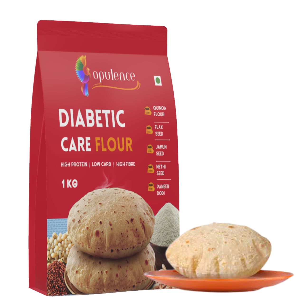 Opulence Diabetic Care Atta | LAB TESTED | Low GI & High Fiber Flour | Sugar Control Atta for Diabetes | Ideal for Roti, Paratha and Chilla| Healthy Low Carb Flour | 1kg