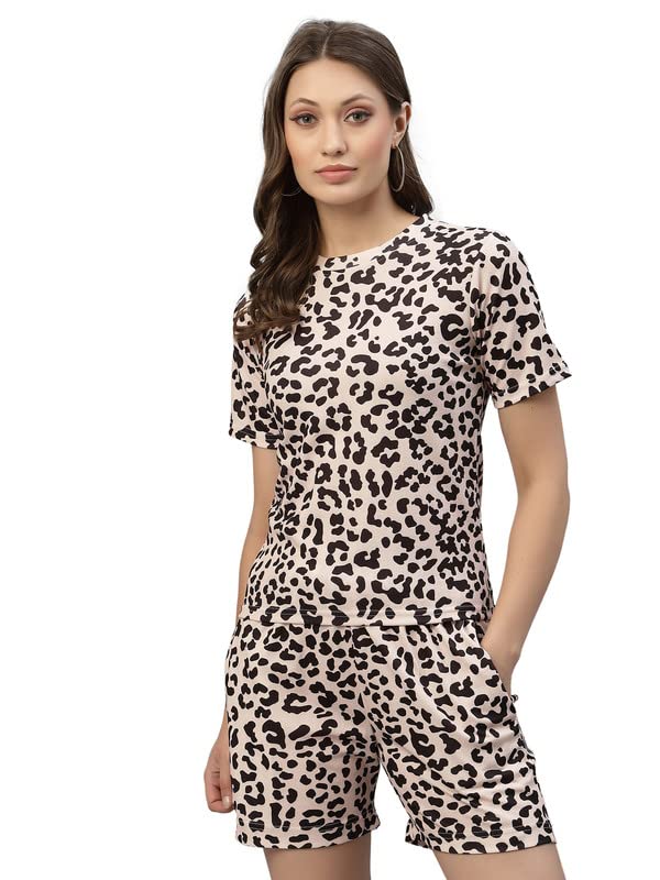 Image of Selvia Women's Cotton Lycra Printed & Knitted Round Neck Night Wear Set of Top and Shorts Pyjama Set