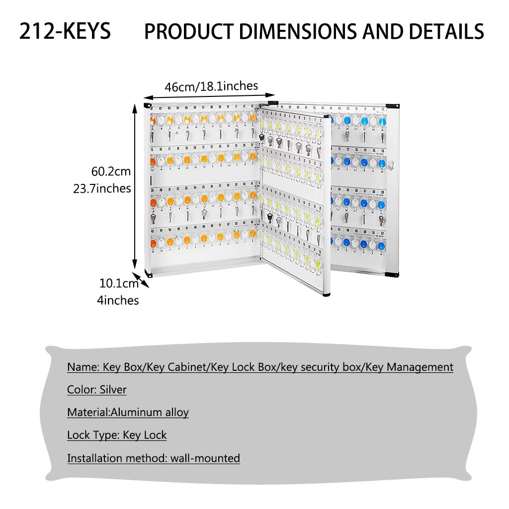 Boîte à clés murale de grande capacité 212 clés en alliage d'aluminium pour rangement de clés à la maison et au bureau - Solution de gestion sécurisée des clés