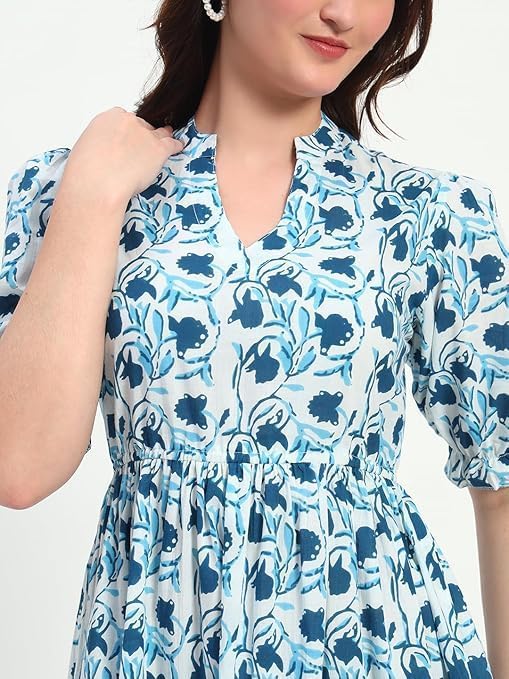 Image of PIDAVLIYA'S Women's Floral Summer Maxi Dress I Cotton Printed I One Piece Bodycon Midi Dress with V-Neck, Puffed Sleeves