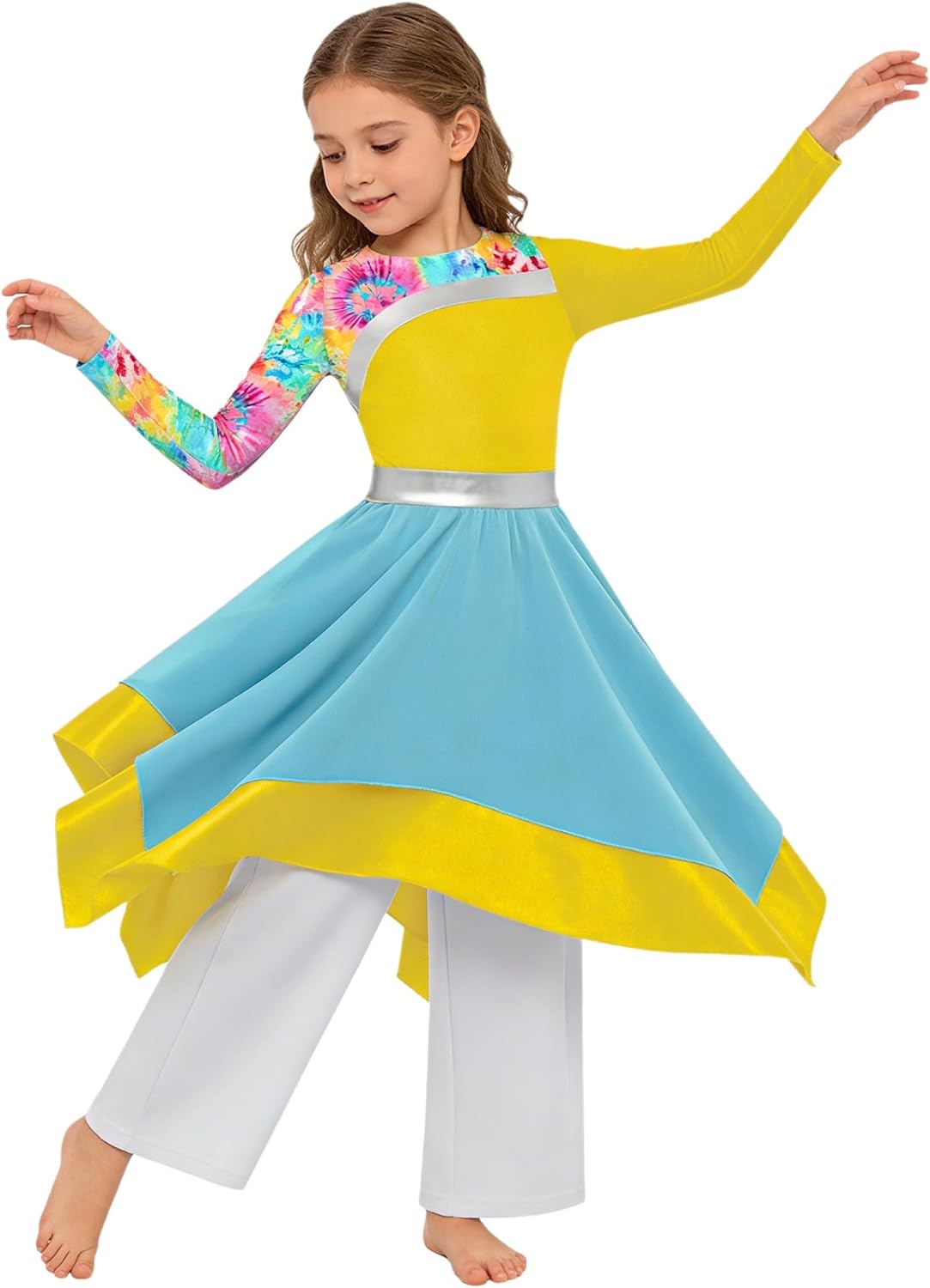 Kids Girls Worship Praise Dance Outfit Camouflage Printed Irregular Liturgical Dress with Wide Leg Pants